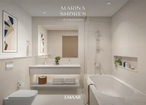 Marina Shores at Dubai Marina by Emaar Properties contemporary bathroom interior with bathtub vanity and premium finishes in Dubai Presented by Tohid Fetrat