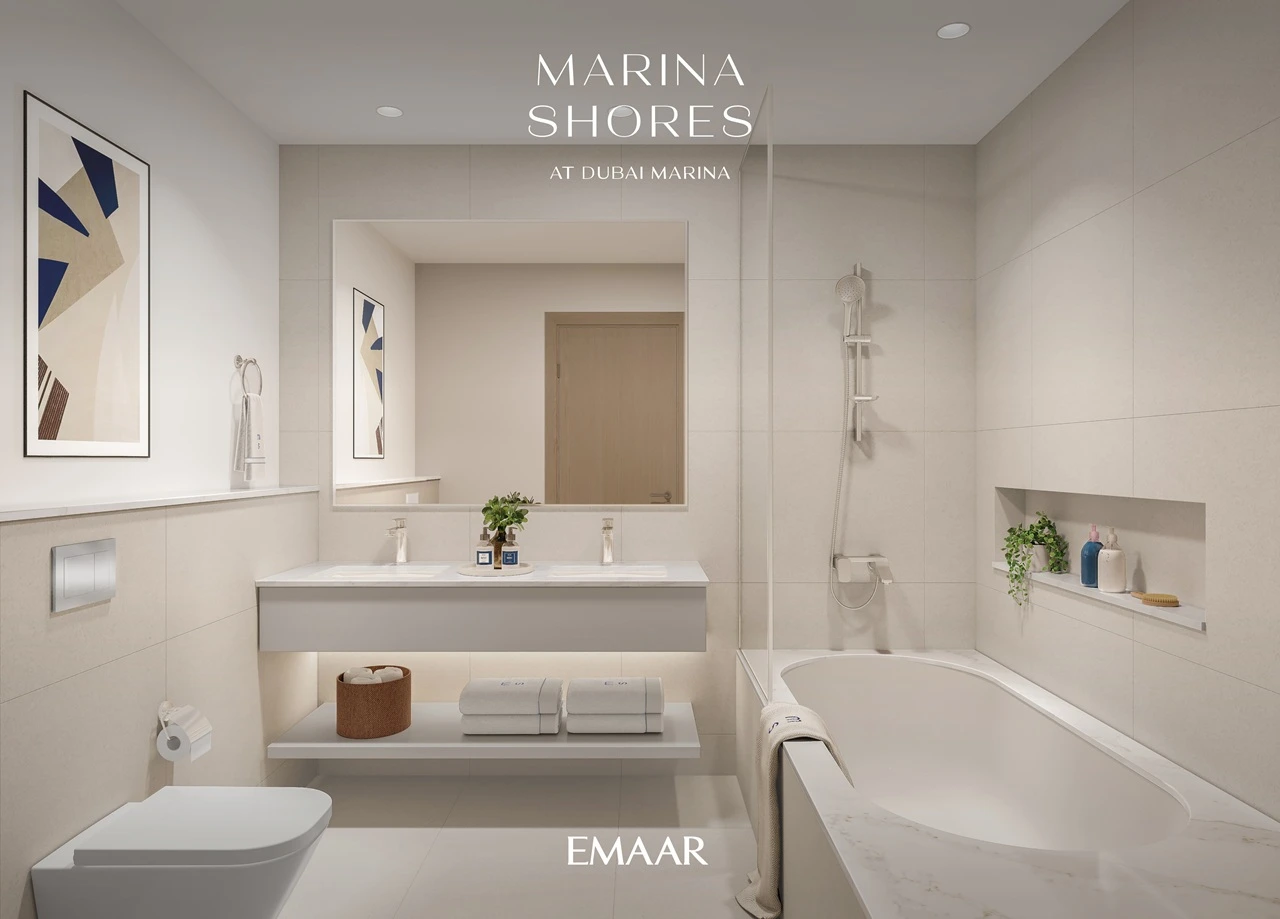 Marina Shores at Dubai Marina by Emaar Properties contemporary bathroom interior with bathtub vanity and premium finishes in Dubai Presented by Tohid Fetrat