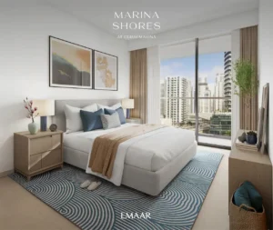 Marina Shores at Dubai Marina by Emaar Properties contemporary bedroom interior with floor to ceiling windows and marina views in Dubai Presented by Tohid Fetrat