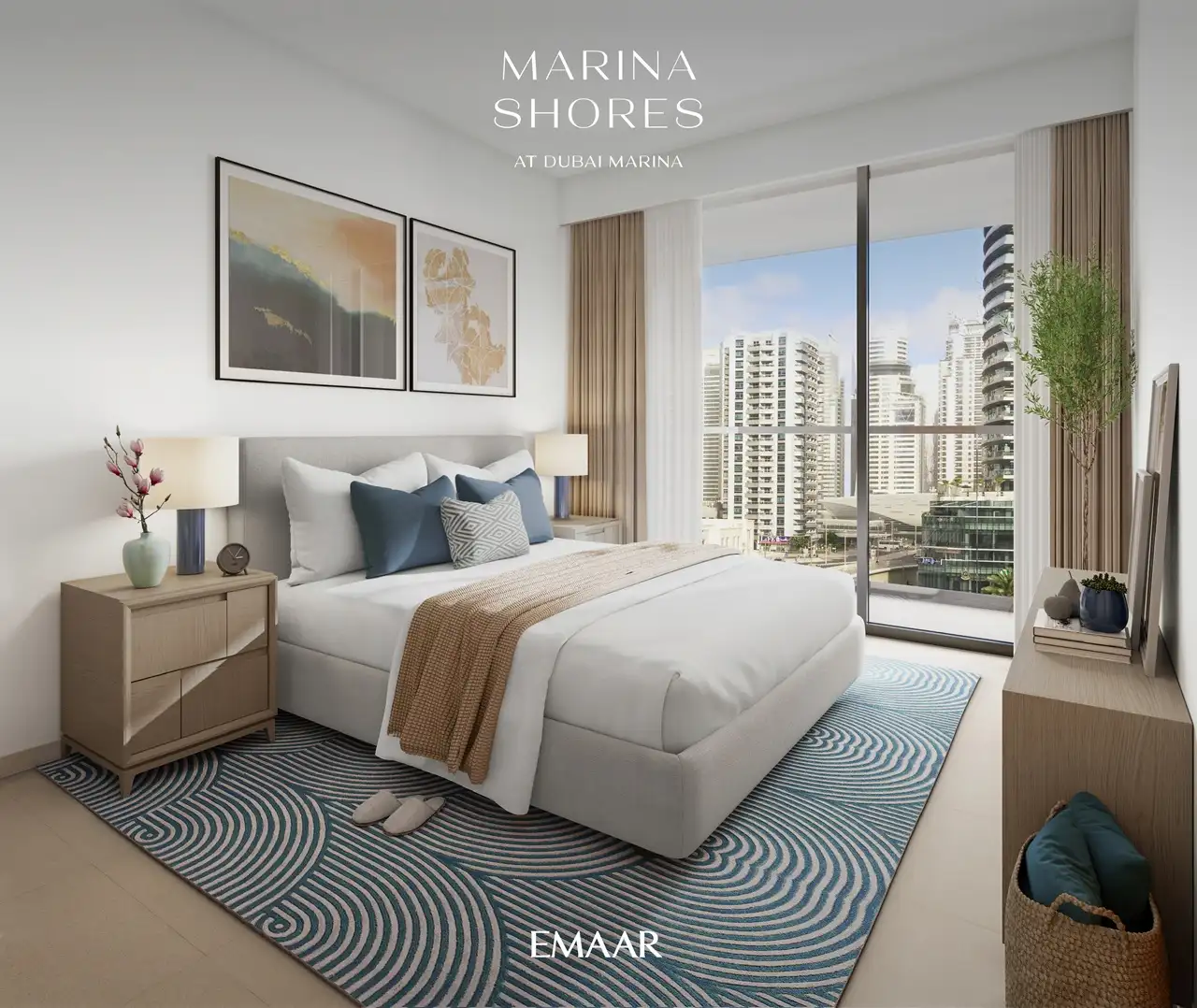 Marina Shores at Dubai Marina by Emaar Properties contemporary bedroom interior with floor to ceiling windows and marina views in Dubai Presented by Tohid Fetrat