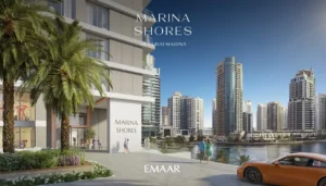 Marina Shores at Dubai Marina by Emaar Properties entrance plaza with landscaped surroundings and marina skyline views in Dubai Presented by Tohid Fetrat