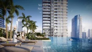 Marina Shores at Dubai Marina by Emaar Properties infinity swimming pool with skyline views and resort style pool deck in Dubai Presented by Tohid Fetrat