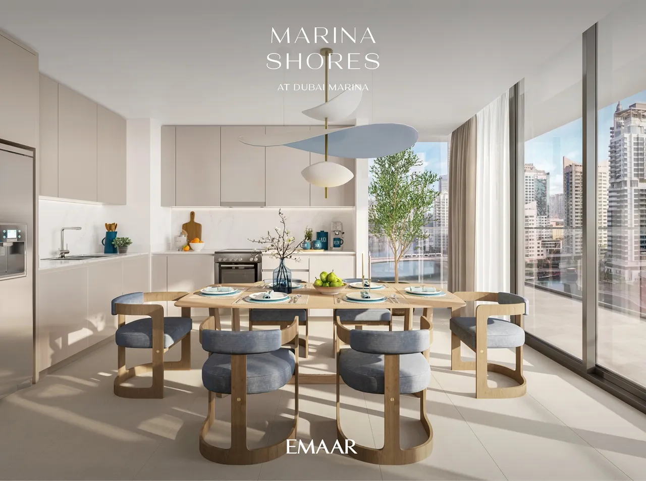 Marina Shores at Dubai Marina by Emaar Properties open plan kitchen and dining area with floor to ceiling windows in Dubai Presented by Tohid Fetrat