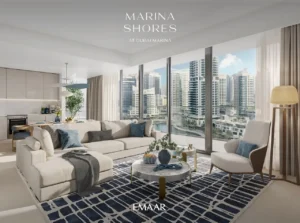 Marina Shores at Dubai Marina by Emaar Properties contemporary living room with floor to ceiling windows and marina views in Dubai Presented by Tohid Fetrat
