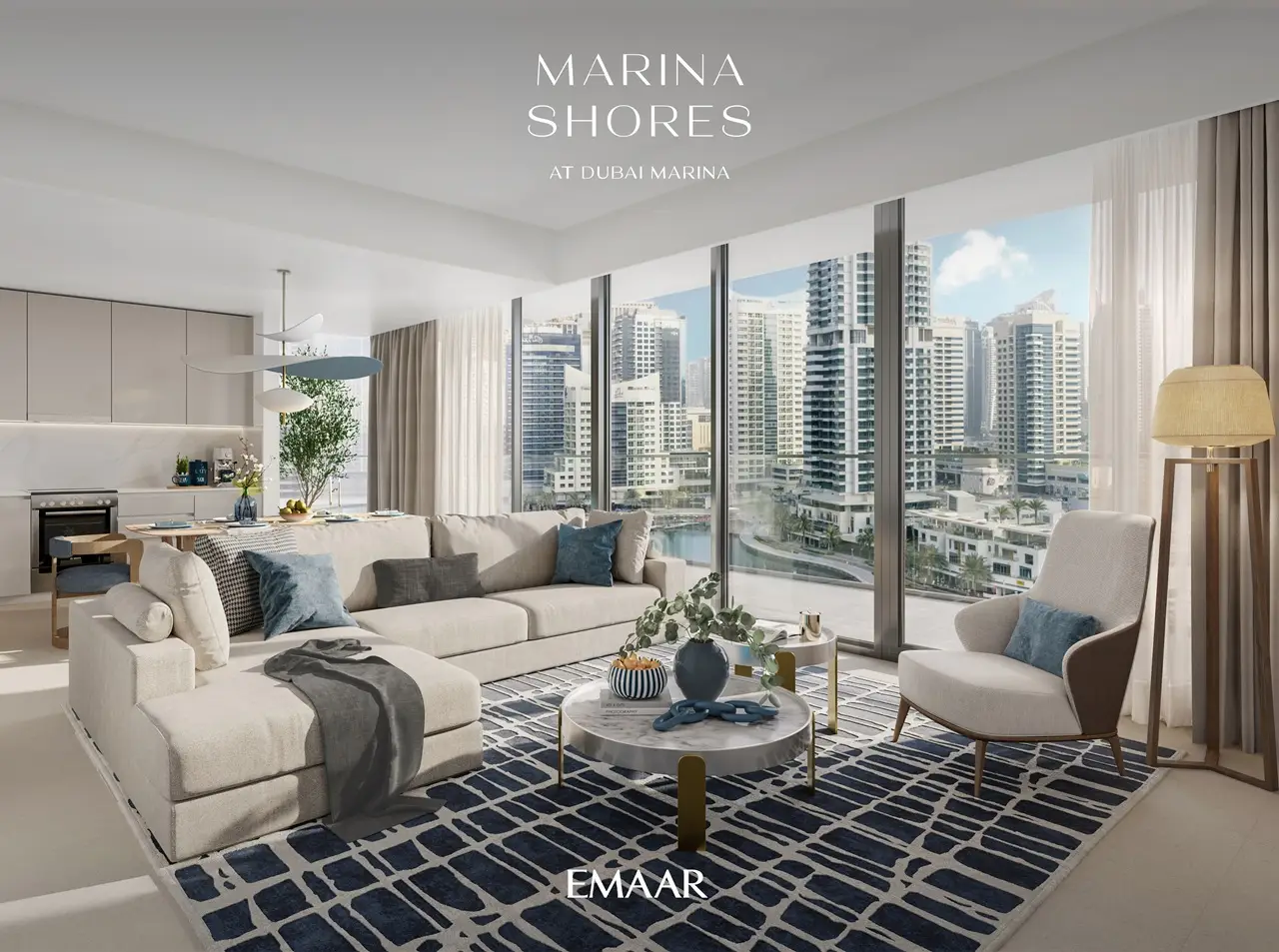 Marina Shores at Dubai Marina by Emaar Properties contemporary living room with floor to ceiling windows and marina views in Dubai Presented by Tohid Fetrat