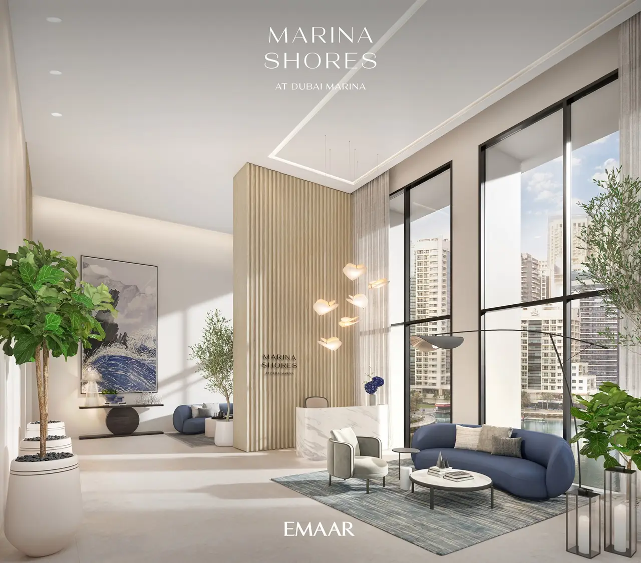 Marina Shores at Dubai Marina by Emaar Properties double height lobby interior with contemporary seating and marina views in Dubai Presented by Tohid Fetrat