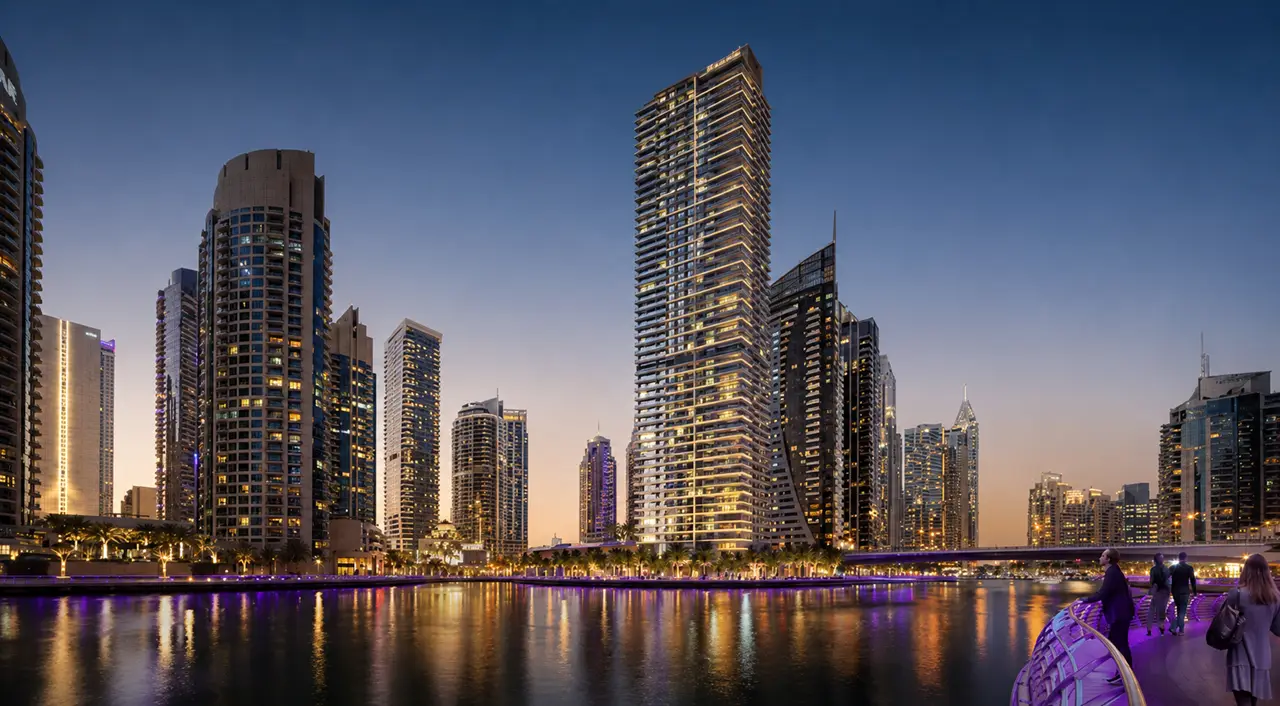 Marina Shores at Dubai Marina by Emaar Properties illuminated waterfront residential tower and marina skyline at dusk in Dubai Presented by Tohid Fetrat