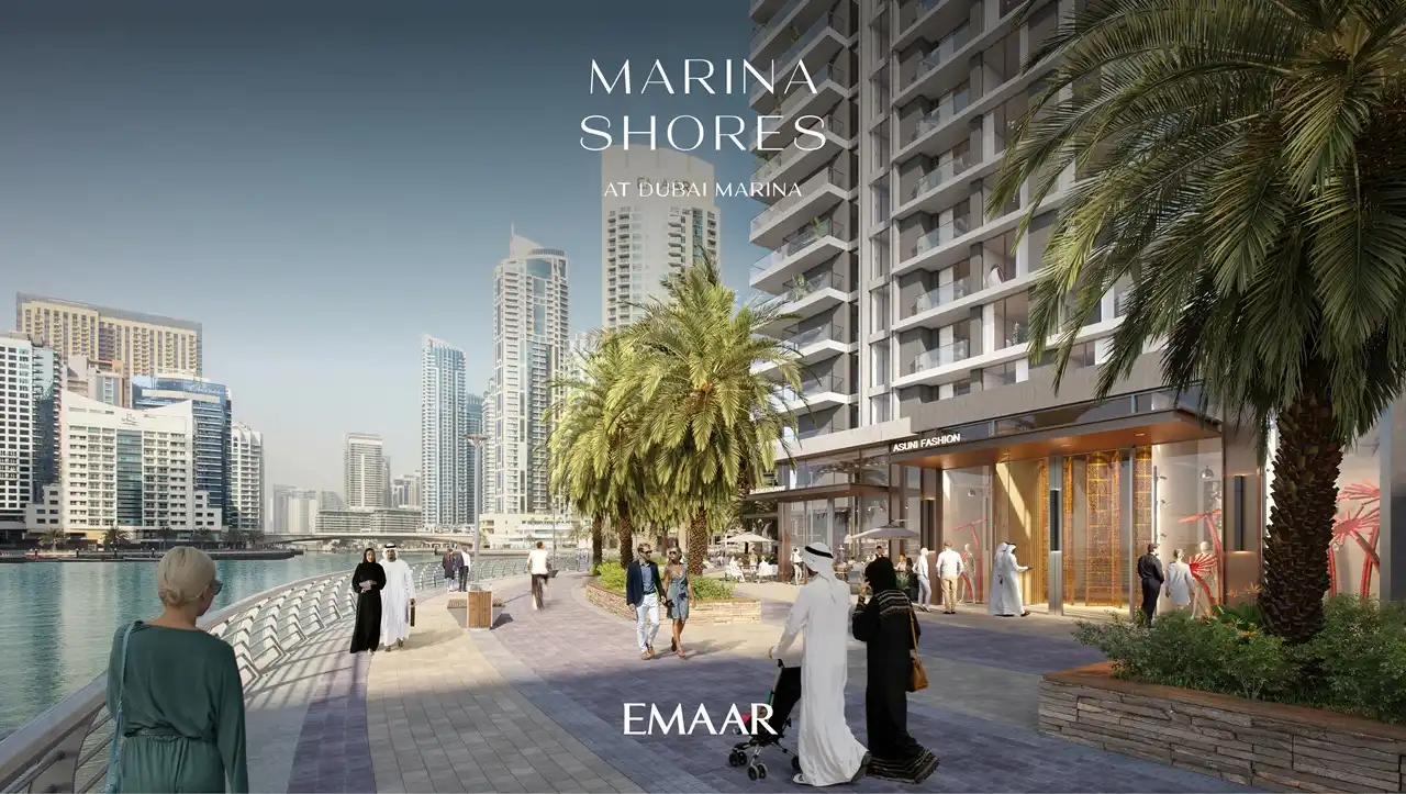 Marina Shores at Dubai Marina by Emaar Properties waterfront promenade with retail spaces and landscaped walkways in Dubai Presented by Tohid Fetrat