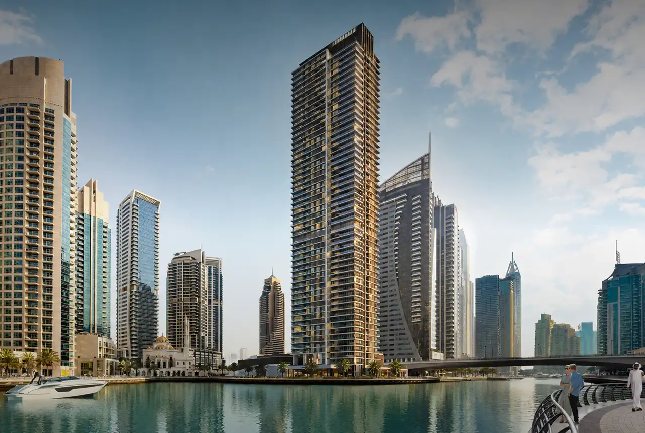 Marina Shores at Dubai Marina by Emaar Properties waterfront residential tower with marina canal views and surrounding skyline in Dubai Presented by Tohid Fetrat
