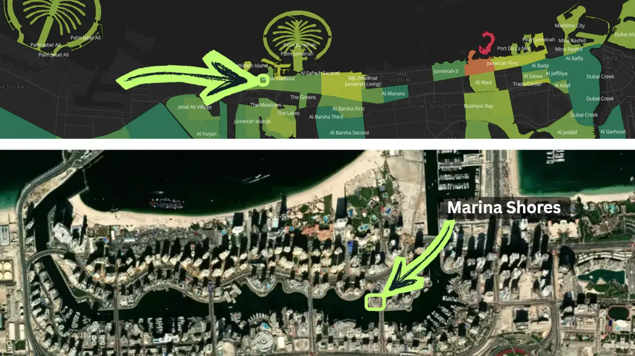 Marina Shores at Dubai Marina by Emaar Properties location within Dubai Marina showing waterfront position and surrounding communities in Dubai Presented by Tohid Fetrat