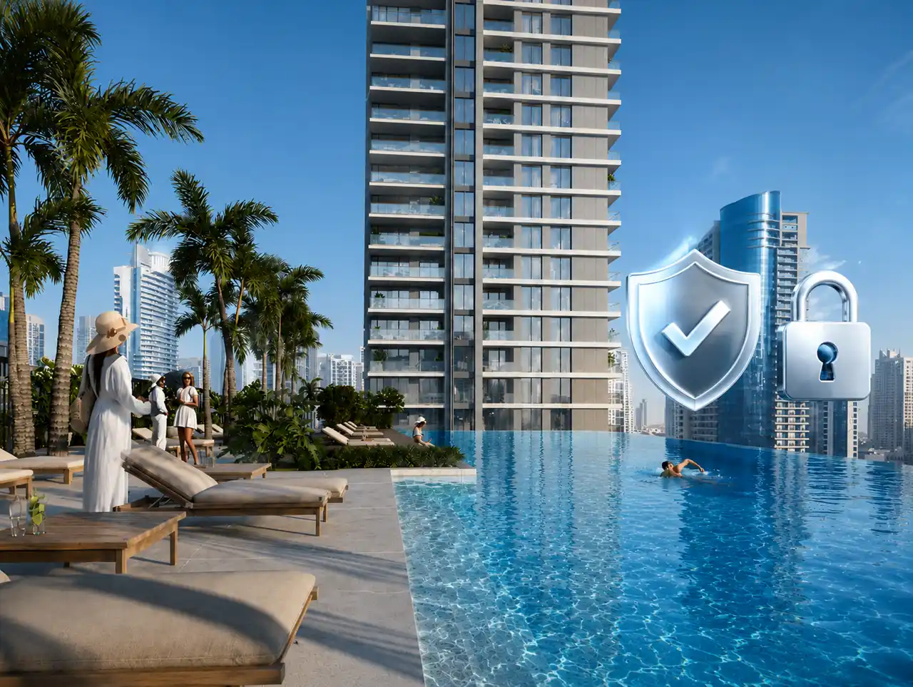 Secure escrow account protection at Marina Shores featuring luxury pool deck and waterfront residential tower, Presented by Tohid Fetrat