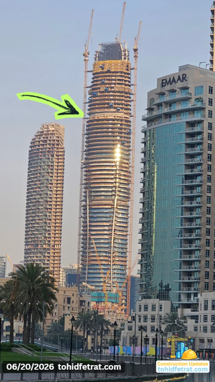 Mercedes Benz Places by Binghatti tower close up showing advanced construction progress and structural development on 20 June 2026 in Downtown Dubai Captured by Tohid Fetrat