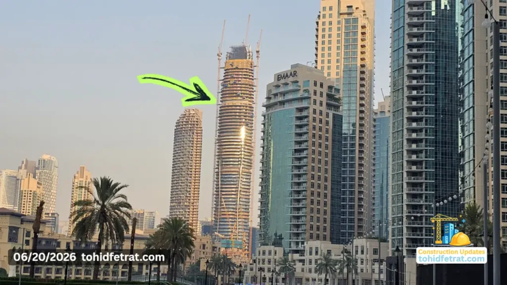 Mercedes Benz Places by Binghatti construction progress on 20 June 2026 showing the rising tower structure within the Downtown Dubai skyline Captured by Tohid Fetrat