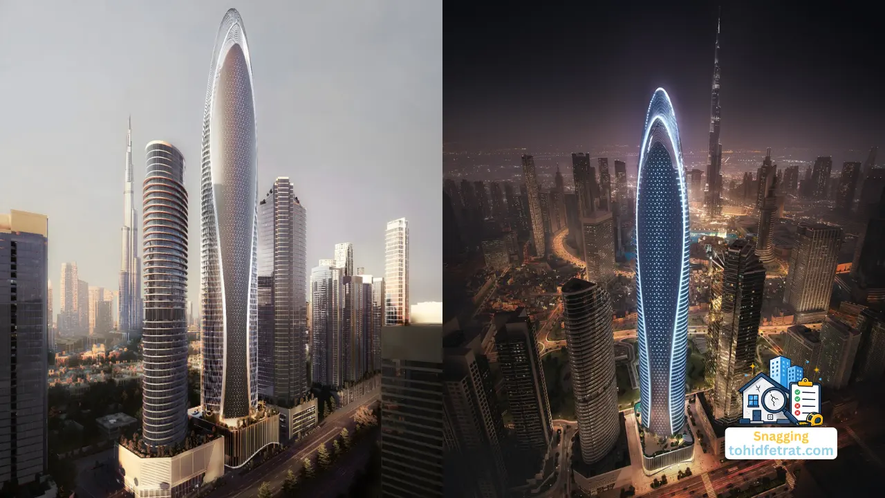 Mercedes-Benz Places Snagging Inspection featuring the iconic tower in day and night views with the Downtown Dubai skyline Presented by Tohid Fetrat