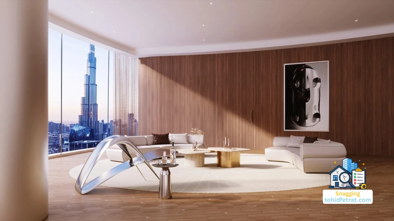Why an Independent Inspection Protects Mercedes-Benz Places Buyers featuring a luxury living room with Burj Khalifa views and premium contemporary interior design in Dubai Presented by Tohid Fetrat