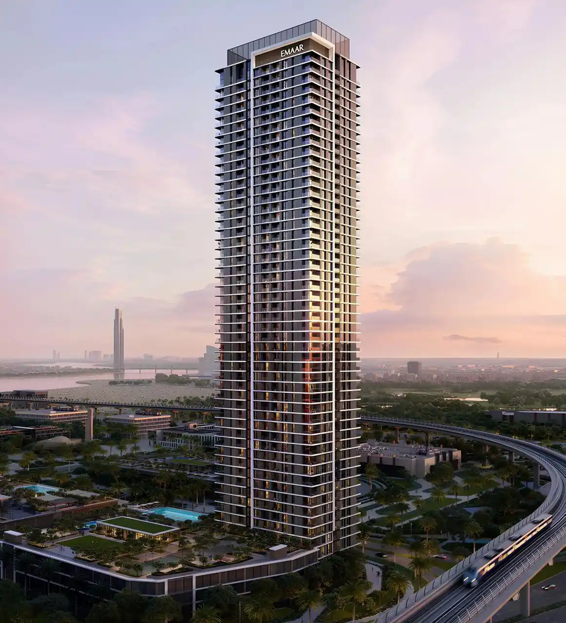 Montiva by VIDA at Dubai Creek Harbour by Emaar residential tower exterior overlooking landscaped amenities and waterfront surroundings in Dubai - Presented by Tohid Fetrat