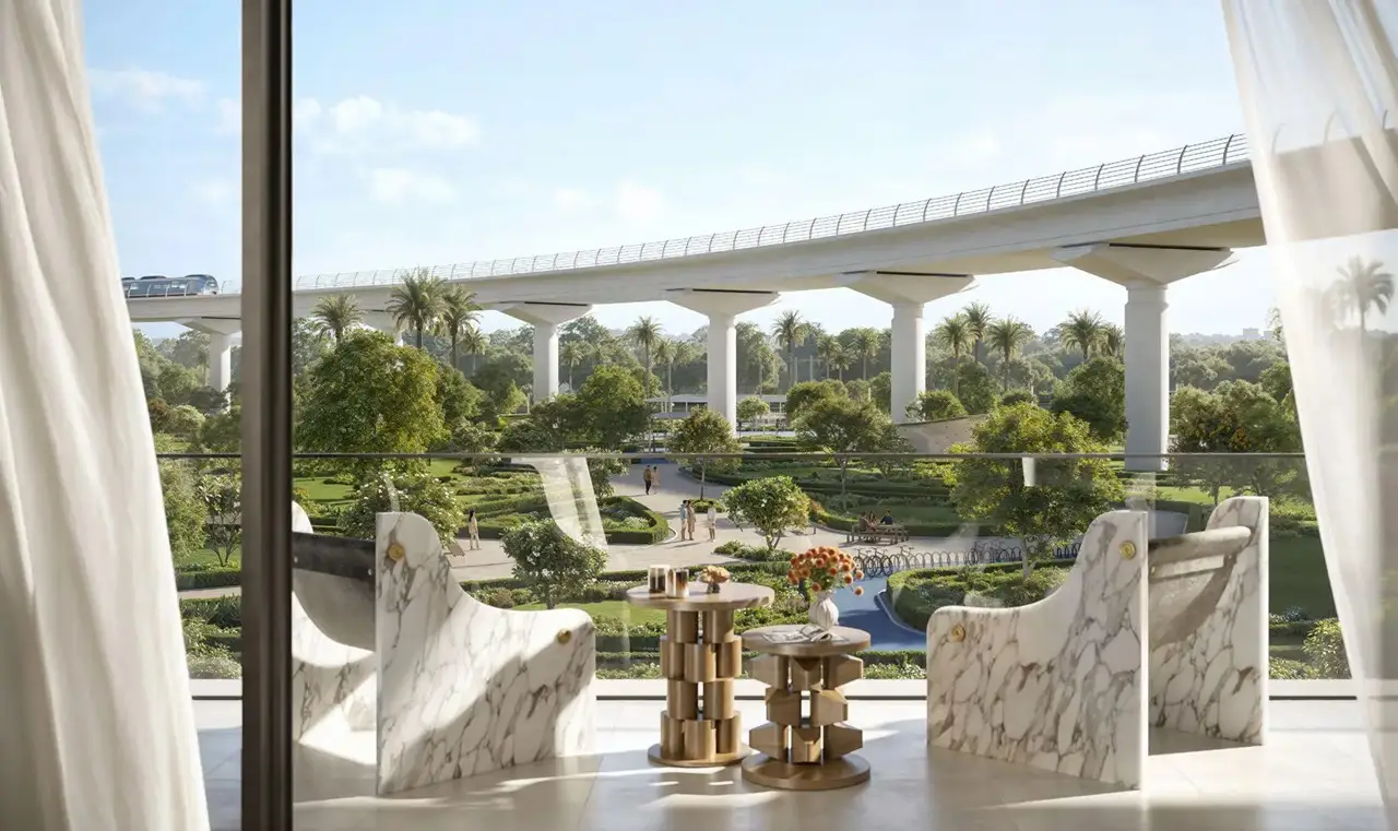 Montiva by VIDA at Dubai Creek Harbour by Emaar balcony seating area overlooking landscaped park views in Dubai - Presented by Tohid Fetrat