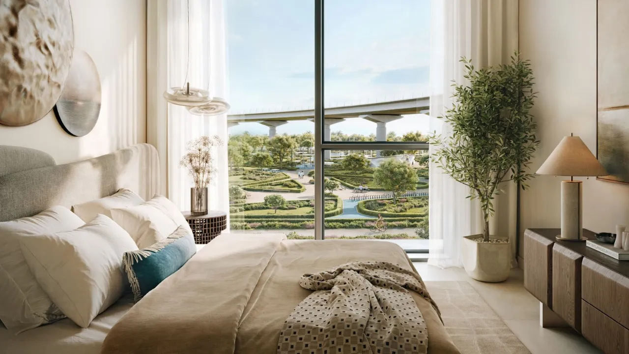 Montiva by VIDA at Dubai Creek Harbour by Emaar contemporary bedroom with floor to ceiling windows and landscaped park views in Dubai - Presented by Tohid Fetrat