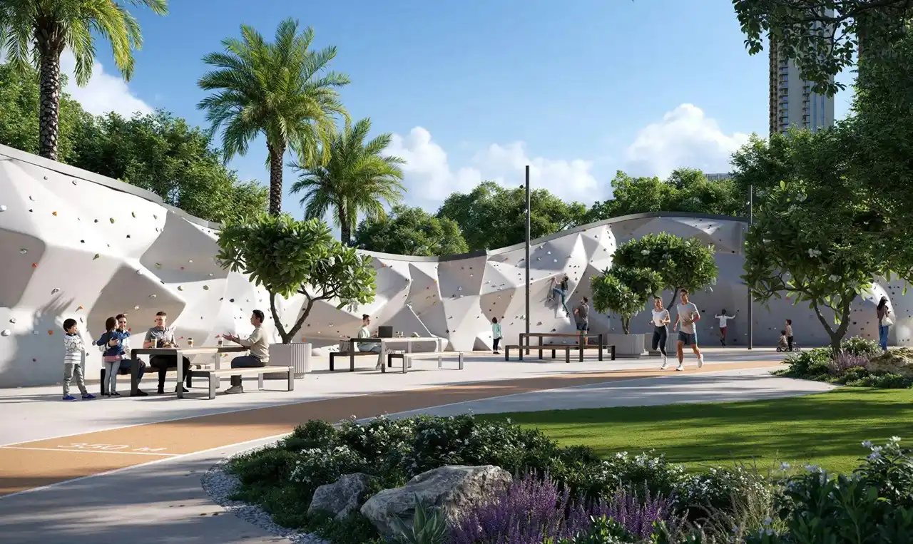 Montiva by VIDA at Dubai Creek Harbour by Emaar outdoor climbing wall and recreational park amenities in Dubai - Presented by Tohid Fetrat