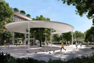 Montiva by VIDA at Dubai Creek Harbour by Emaar landscaped community plaza with shaded pavilion and outdoor gathering spaces in Dubai - Presented by Tohid Fetrat