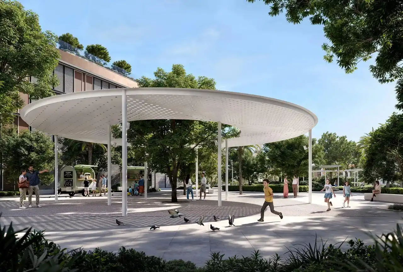 Montiva by VIDA at Dubai Creek Harbour by Emaar landscaped community plaza with shaded pavilion and outdoor gathering spaces in Dubai - Presented by Tohid Fetrat