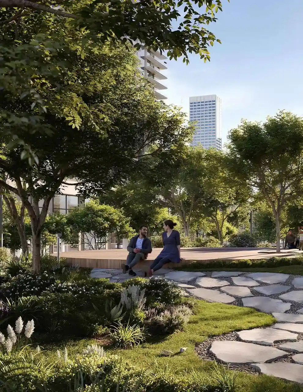 Montiva by VIDA at Dubai Creek Harbour by Emaar landscaped garden with walking paths and outdoor seating areas in Dubai - Presented by Tohid Fetrat