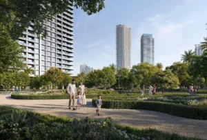 Montiva by VIDA at Dubai Creek Harbour by Emaar landscaped park with walking paths and residential towers in Dubai - Presented by Tohid Fetrat