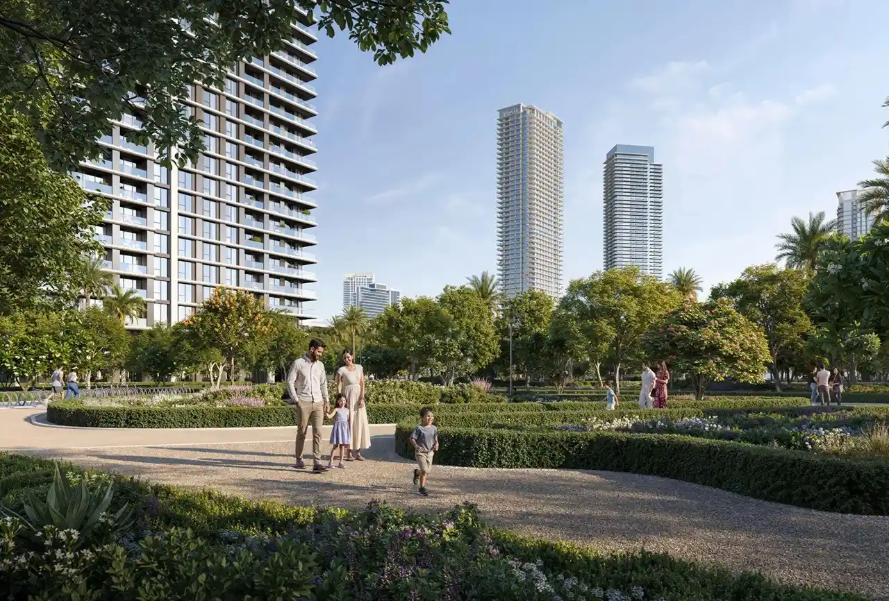 Montiva by VIDA at Dubai Creek Harbour by Emaar landscaped park with walking paths and residential towers in Dubai - Presented by Tohid Fetrat