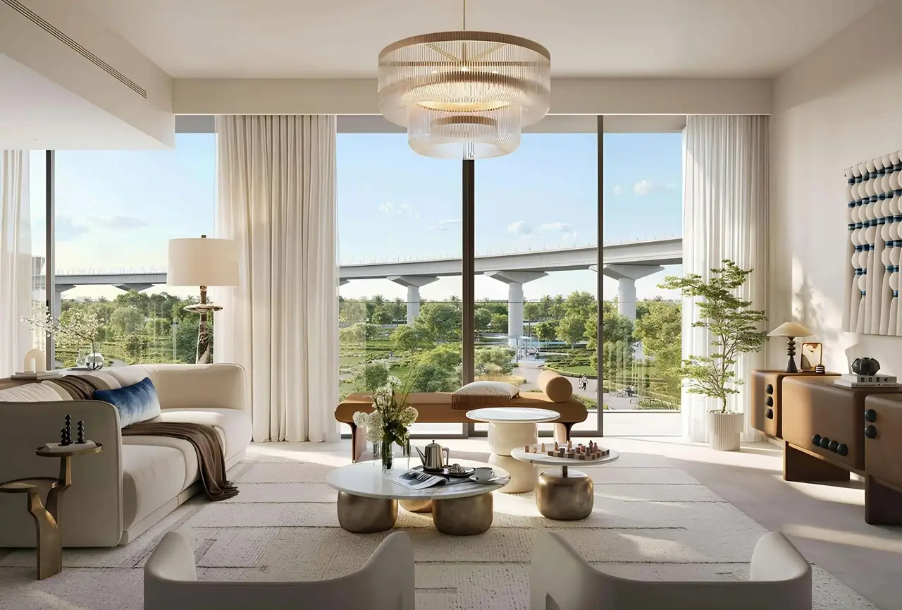 Montiva by VIDA at Dubai Creek Harbour by Emaar contemporary living room with floor to ceiling windows and park views in Dubai - Presented by Tohid Fetrat
