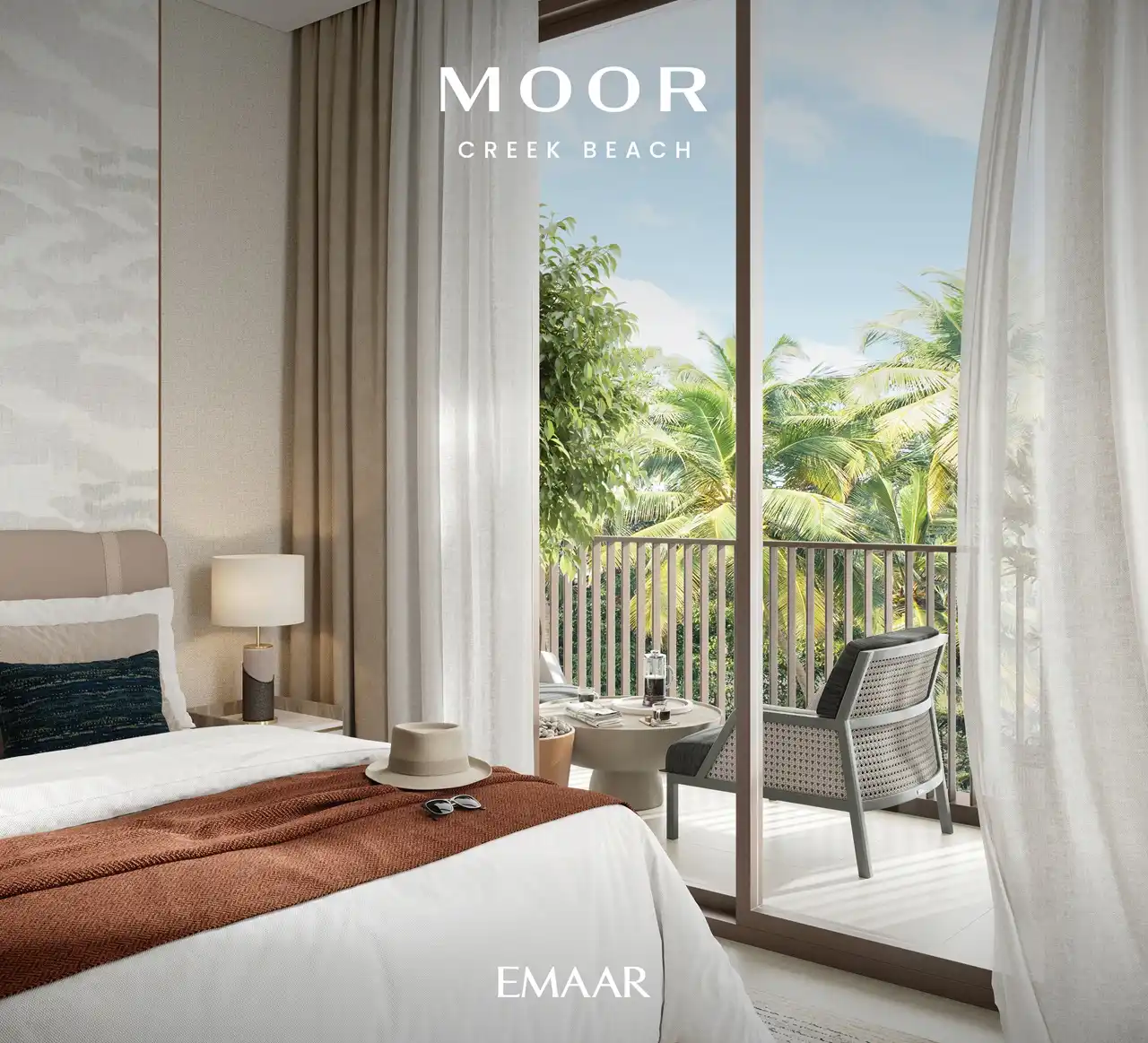 Moor at Dubai Creek Harbour by Emaar Properties elegant bedroom with private balcony overlooking lush green landscape in Dubai Presented by Tohid Fetrat