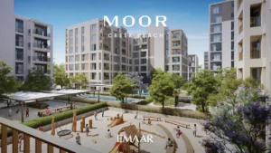 Moor at Dubai Creek Harbour by Emaar Properties central landscaped courtyard with children's playground, swimming pool and residential buildings in Dubai Presented by Tohid Fetrat