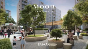 Moor at Dubai Creek Harbour by Emaar Properties landscaped community garden plaza with outdoor cafés, seating areas and green spaces in Dubai Presented by Tohid Fetrat