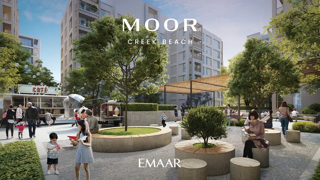 Moor at Dubai Creek Harbour by Emaar Properties landscaped community garden plaza with outdoor cafés, seating areas and green spaces in Dubai Presented by Tohid Fetrat