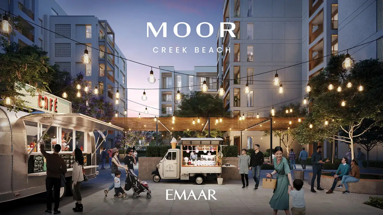 Moor at Dubai Creek Harbour by Emaar Properties vibrant community plaza with outdoor cafés, food kiosks and evening gathering spaces in Dubai Presented by Tohid Fetrat