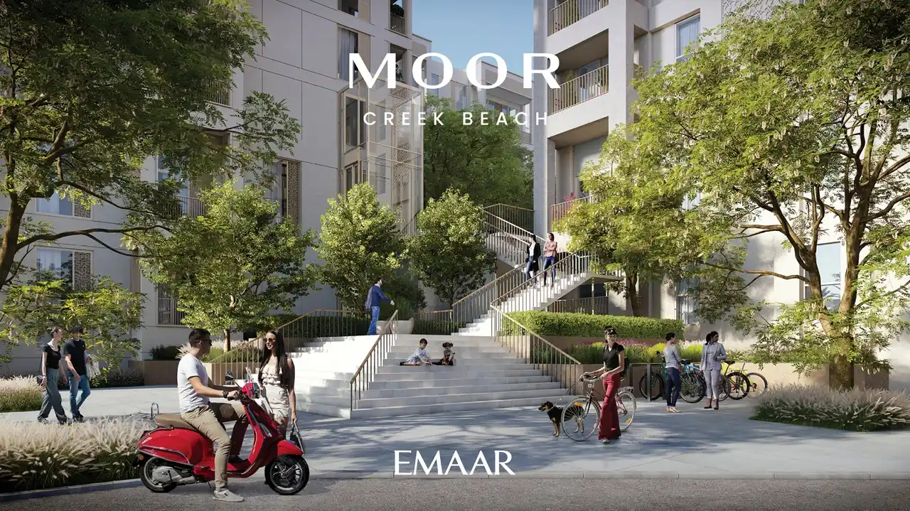 Moor at Dubai Creek Harbour by Emaar Properties landscaped residential entrance courtyard with pedestrian walkways and lush greenery in Dubai Presented by Tohid Fetrat