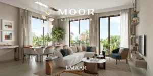 Moor at Dubai Creek Harbour by Emaar Properties elegant living room and dining area with floor to ceiling windows overlooking lush greenery in Dubai Presented by Tohid Fetrat