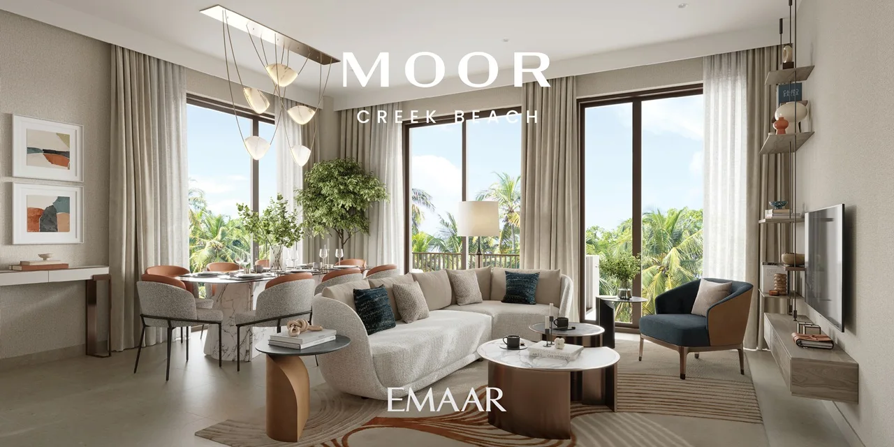Moor at Dubai Creek Harbour by Emaar Properties elegant living room and dining area with floor to ceiling windows overlooking lush greenery in Dubai Presented by Tohid Fetrat