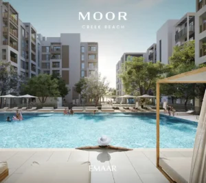 Moor at Dubai Creek Harbour by Emaar Properties resort style swimming pool surrounded by landscaped residential buildings in Dubai Presented by Tohid Fetrat