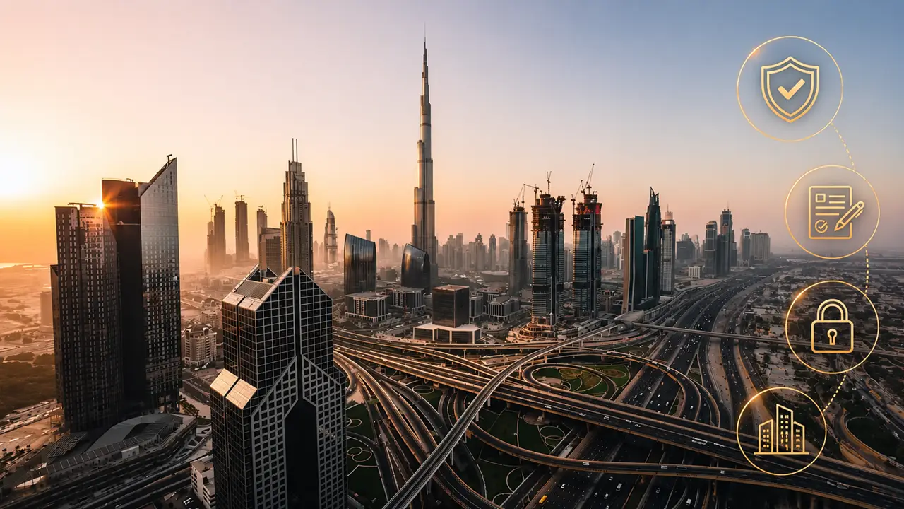 Oqood Registration in Dubai Off Plan Real Estate featuring the Downtown Dubai skyline representing legal registration and ownership protection for off plan property buyers Presented by Tohid Fetrat