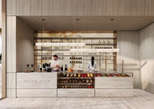 ORLA, Dorchester Collection, Dubai Beach Club café and refreshment lounge featuring premium hospitality services, beachfront dining atmosphere, and luxury resident amenities. Presented by Tohid Fetrat