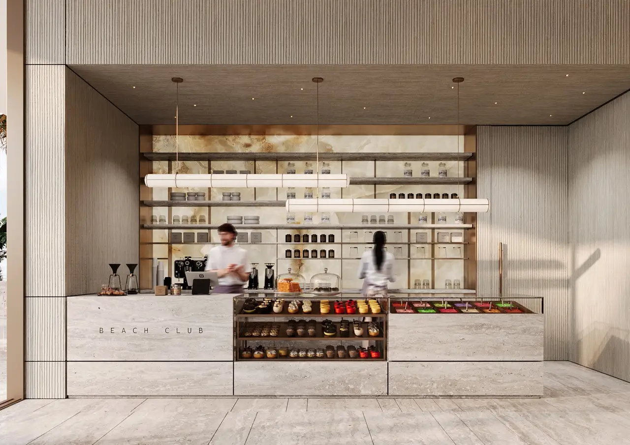 ORLA, Dorchester Collection, Dubai Beach Club café and refreshment lounge featuring premium hospitality services, beachfront dining atmosphere, and luxury resident amenities. Presented by Tohid Fetrat