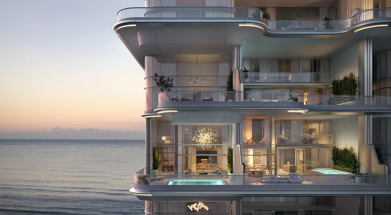 ORLA, Dorchester Collection Dubai beachfront residences featuring expansive terraces, private pools, floor-to-ceiling glazing, and Gulf sunset views on Palm Jumeirah. Presented by Tohid Fetrat