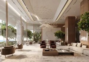 Grand lobby and residents lounge at ORLA, Dorchester Collection Dubai featuring double-height ceilings, designer interiors, landscaped views, and luxury hospitality spaces. Presented by Tohid Fetrat