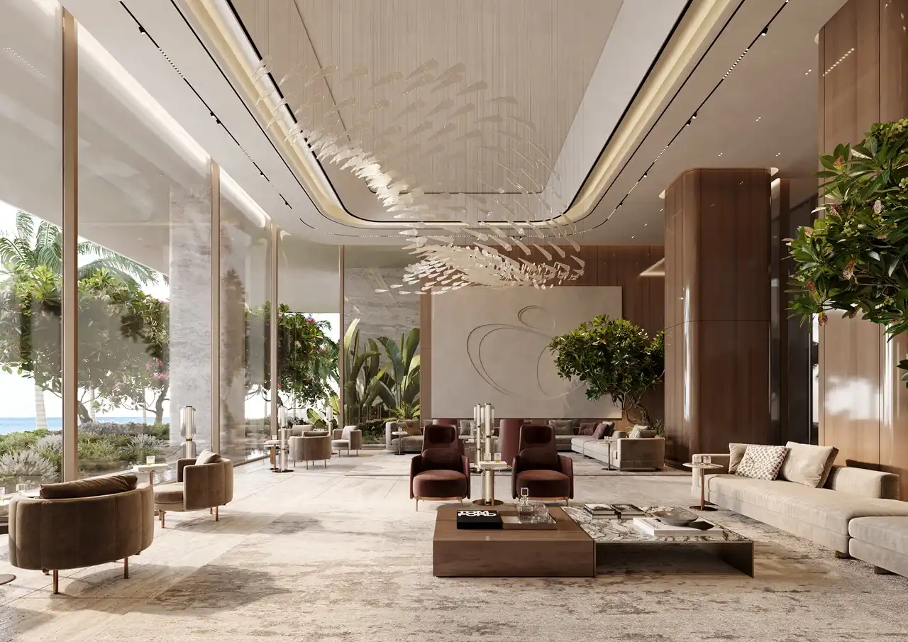 Grand lobby and residents lounge at ORLA, Dorchester Collection Dubai featuring double-height ceilings, designer interiors, landscaped views, and luxury hospitality spaces. Presented by Tohid Fetrat