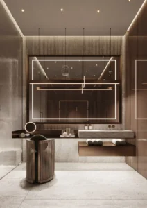 Luxury bathroom interior at ORLA, Dorchester Collection Dubai featuring bespoke finishes, designer lighting, premium stone surfaces, and spa-inspired elegance. Presented by Tohid Fetrat