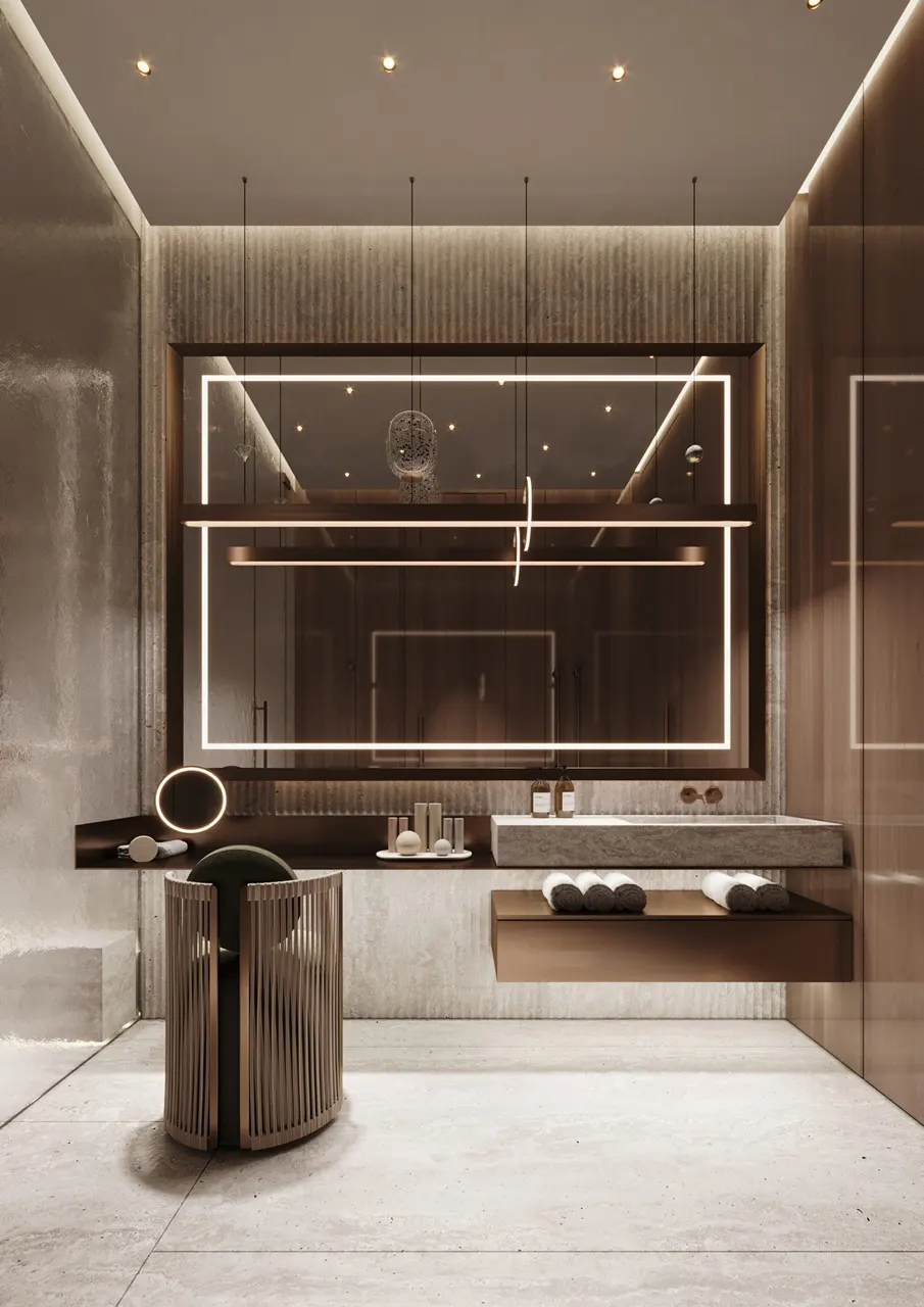 Luxury bathroom interior at ORLA, Dorchester Collection Dubai featuring bespoke finishes, designer lighting, premium stone surfaces, and spa-inspired elegance. Presented by Tohid Fetrat