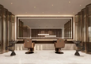 Luxury hair salon at ORLA, Dorchester Collection, Dubai featuring professional styling stations, premium beauty services, and exclusive resident wellness amenities. Presented by Tohid Fetrat