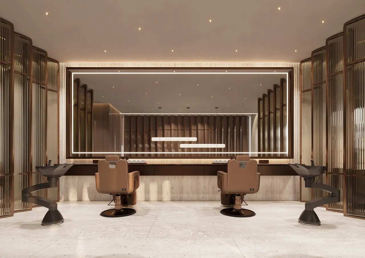 Luxury hair salon at ORLA, Dorchester Collection, Dubai featuring professional styling stations, premium beauty services, and exclusive resident wellness amenities. Presented by Tohid Fetrat