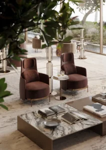 Luxury residents lounge at ORLA, Dorchester Collection Dubai featuring designer furnishings, marble finishes, landscaped views, and elegant social spaces. Presented by Tohid Fetrat