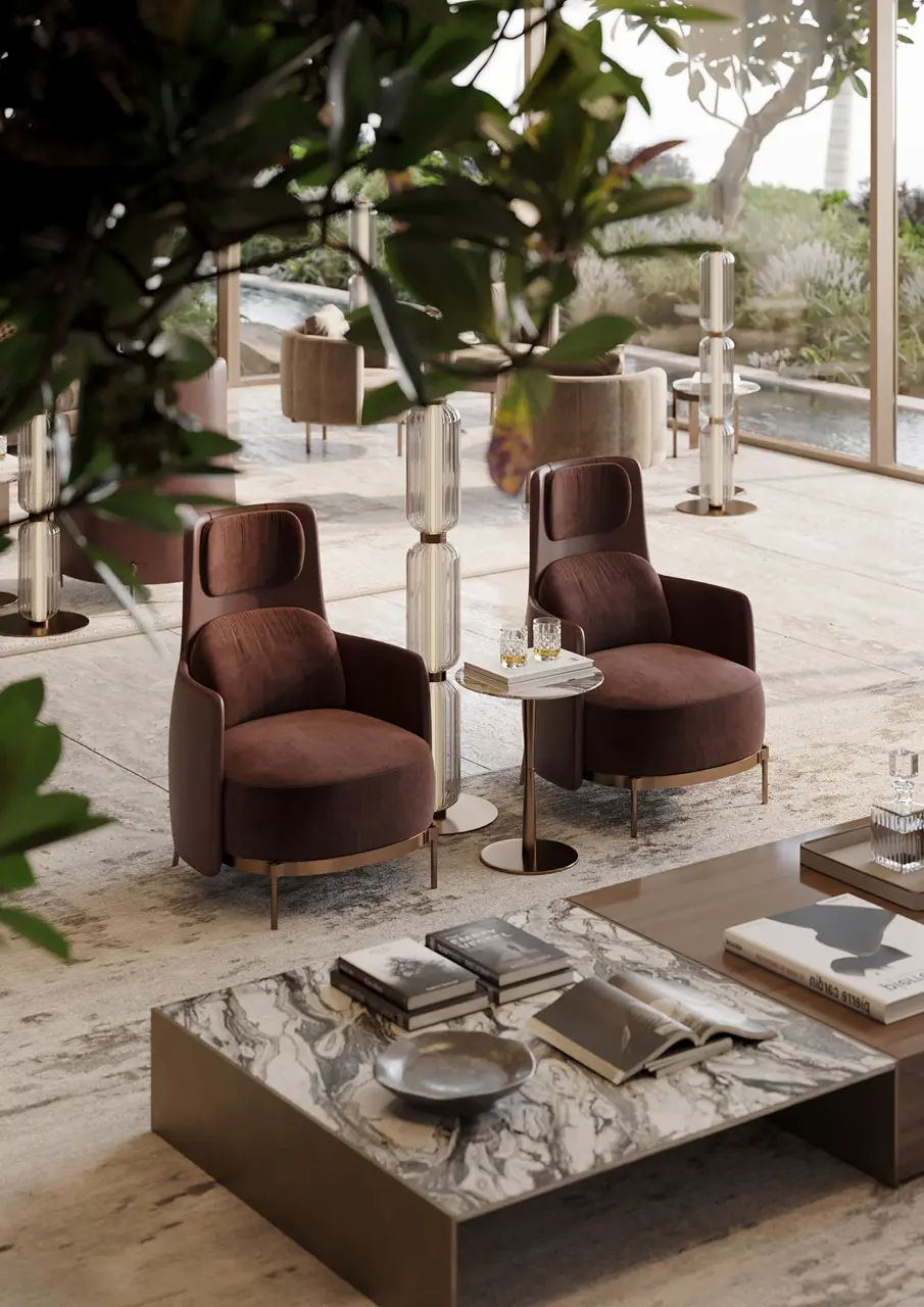 Luxury residents lounge at ORLA, Dorchester Collection Dubai featuring designer furnishings, marble finishes, landscaped views, and elegant social spaces. Presented by Tohid Fetrat